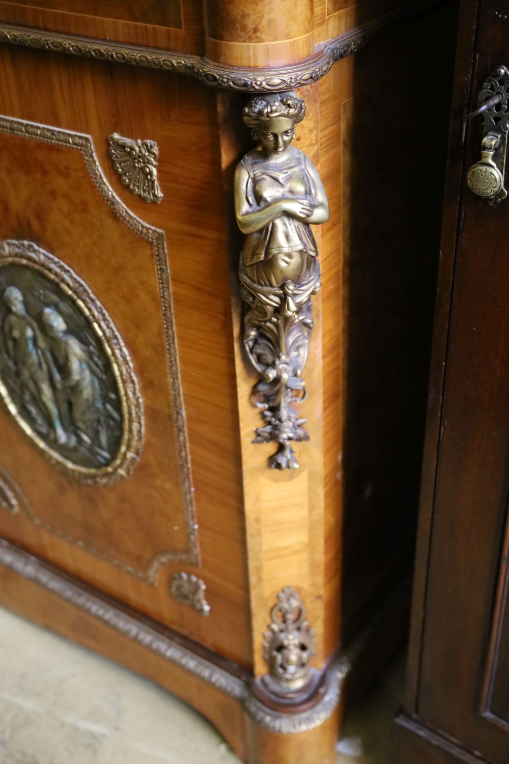 A Louis XV design marble top, gilt metal mounted, kingwood and birds eye maple side cabinet, width 126cm, depth 42cm, height 102cm